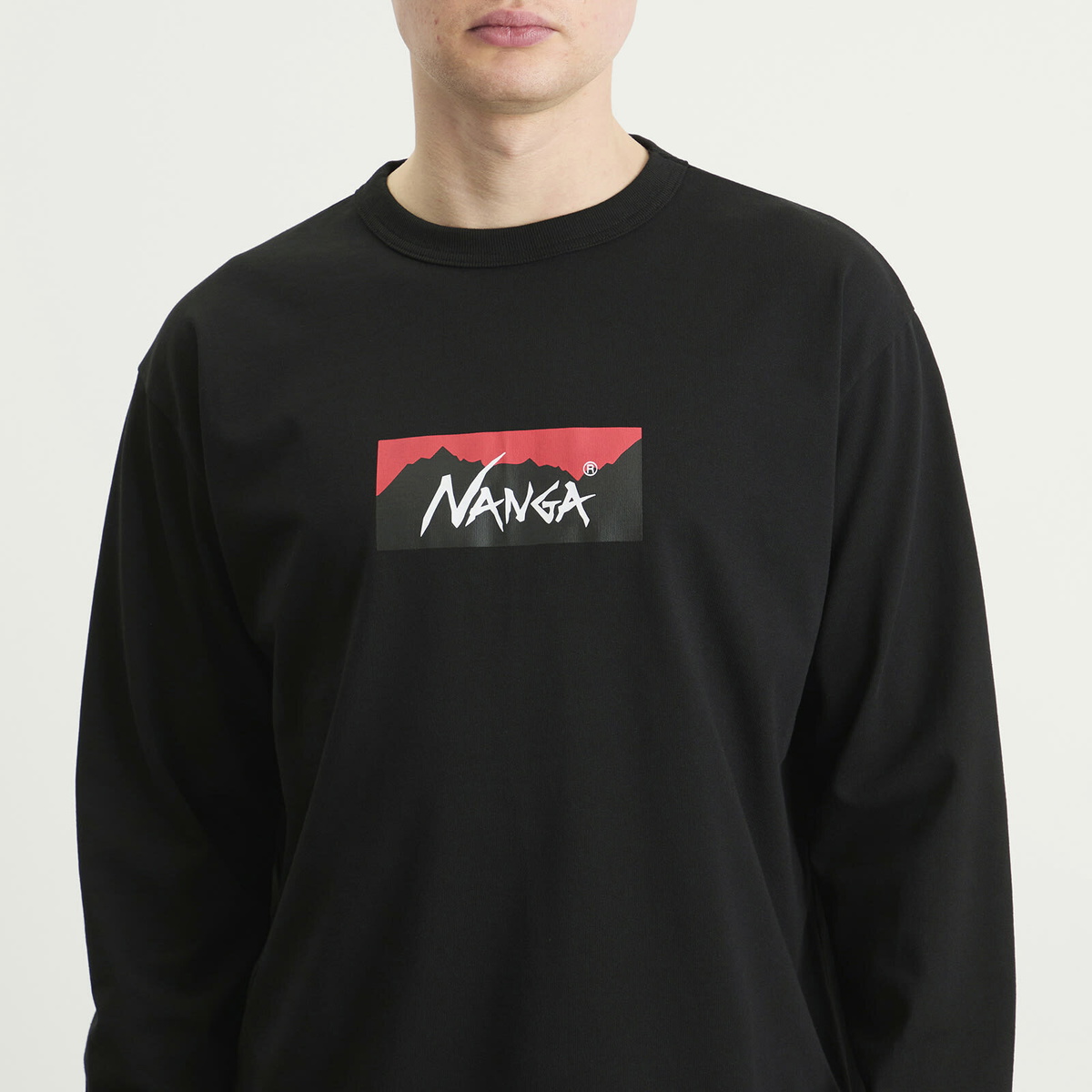 NANGA Men's Eco Hybrid Box Logo Long Sleeve T-Shirt in Black