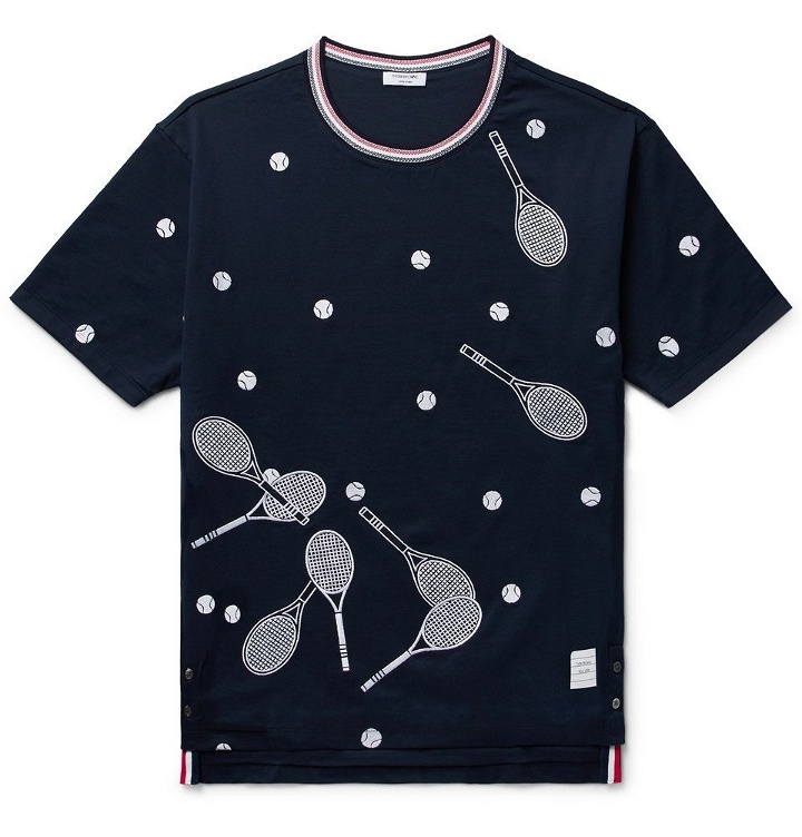 Photo: Thom Browne - Embroidered Cotton-Jersey T-Shirt - Men - Navy