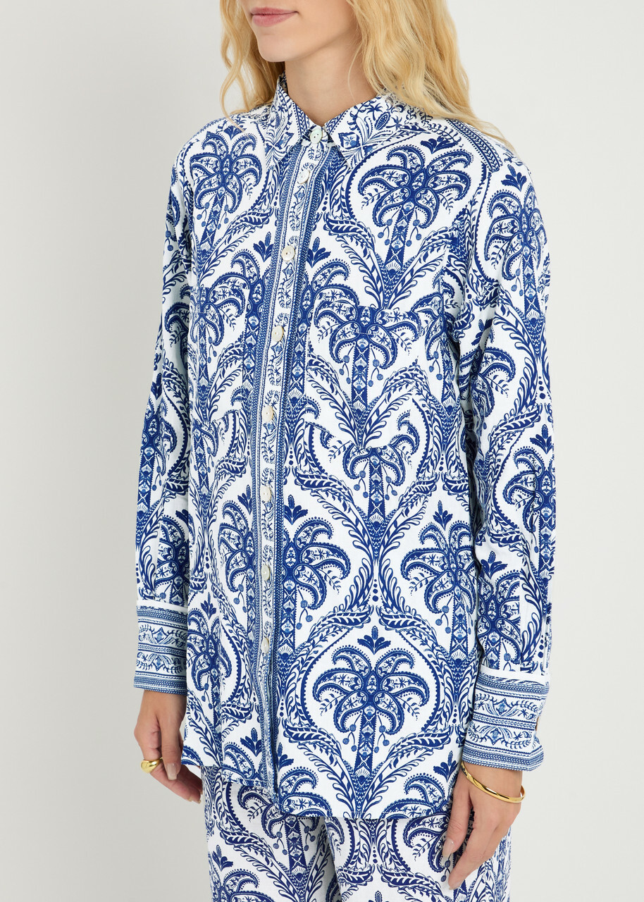 Farm Rio Tropical Printed Linen-blend Pyjama Shirt Navy