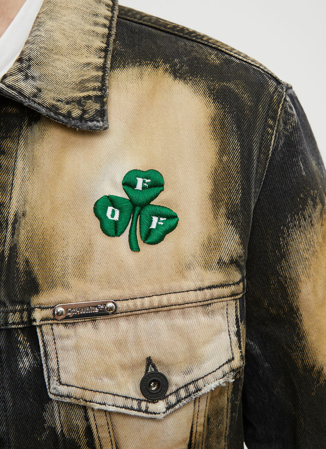 Off-White Distressed Bleached Clover Embroidered Denim Jacket