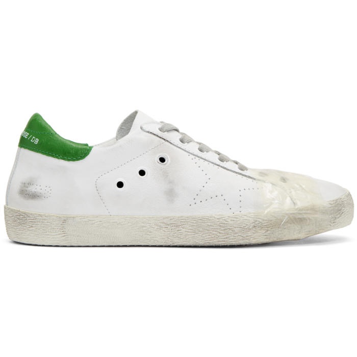Photo: Golden Goose White and Green Tape Superstar Sneakers