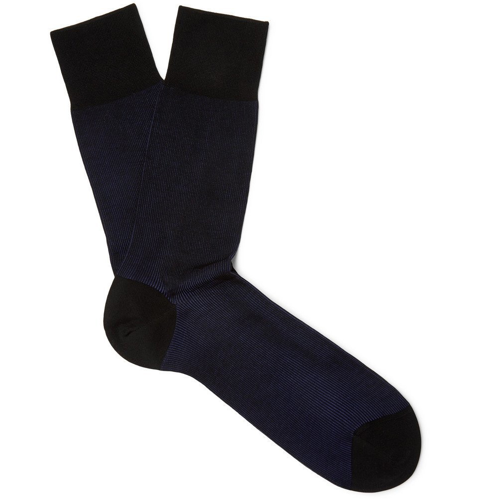 Falke - Fine Shadow Ribbed Mercerised Cotton-Blend Socks - Navy FALKE ...
