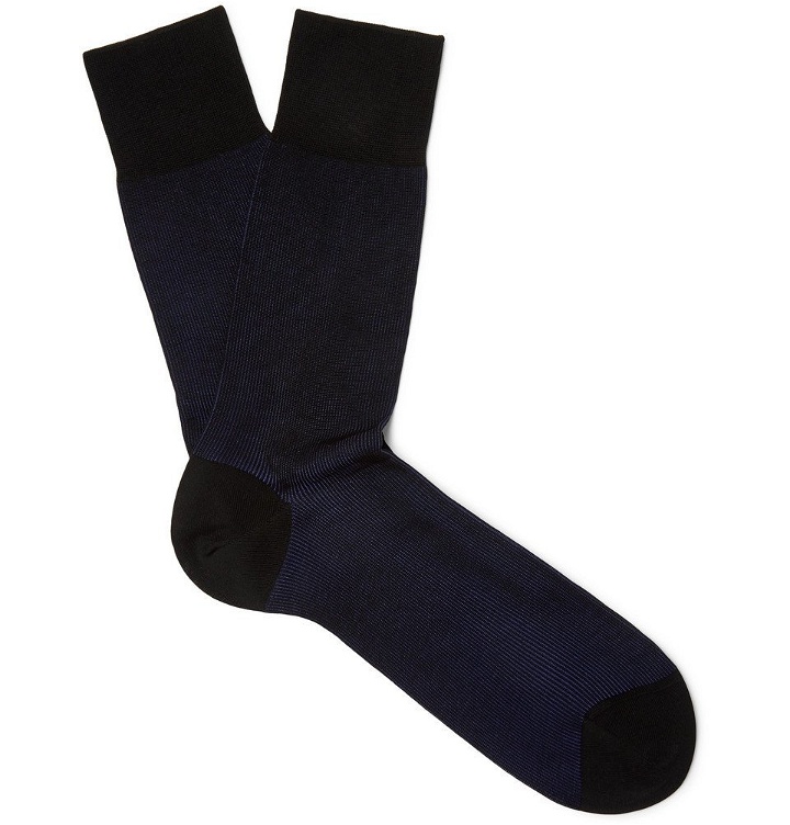 Photo: Falke - Fine Shadow Ribbed Mercerised Cotton-Blend Socks - Navy