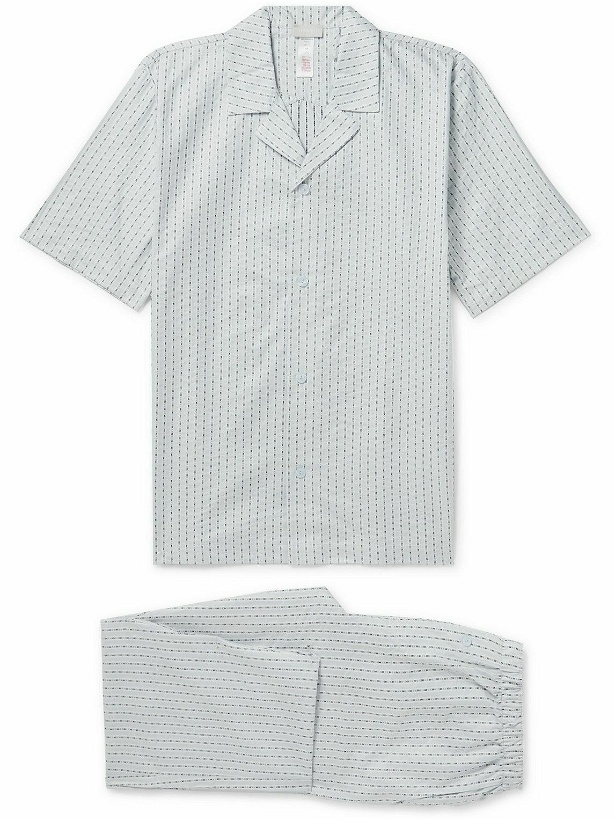 Photo: Hanro - Carl Logo-Jacquard Striped Mercerised Cotton-Poplin Pyjama Set - Blue