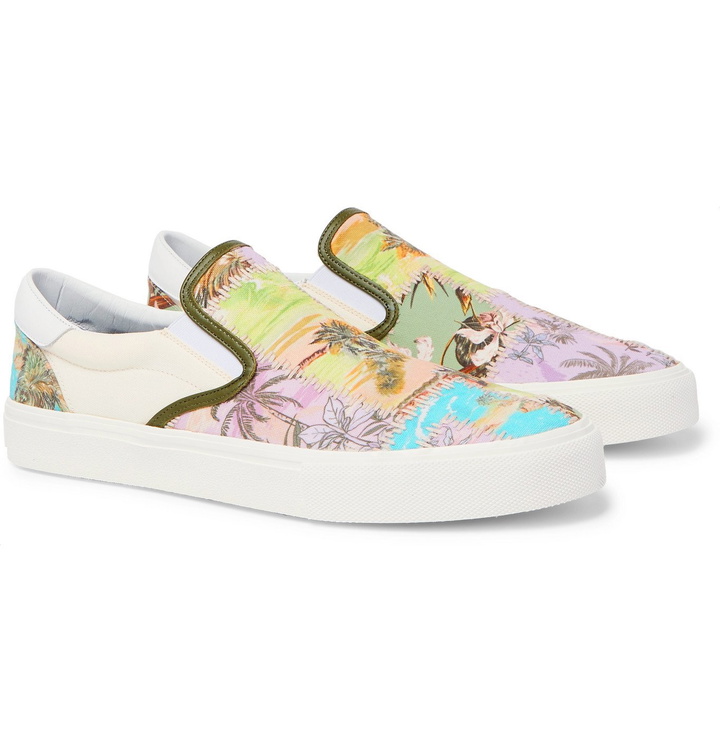 Photo: AMIRI - Leather-Trimmed Printed Canvas Slip-On Sneakers - Purple