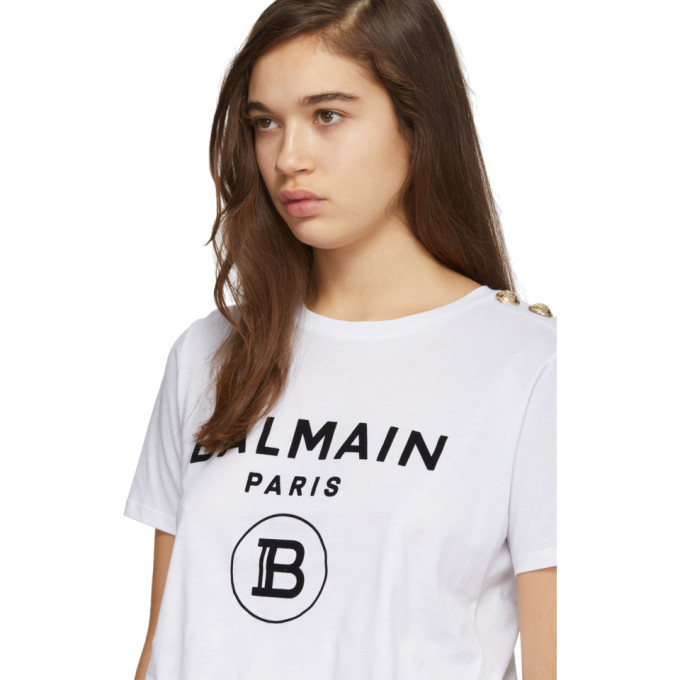 Balmain White 3-Button Flocked Logo T-Shirt