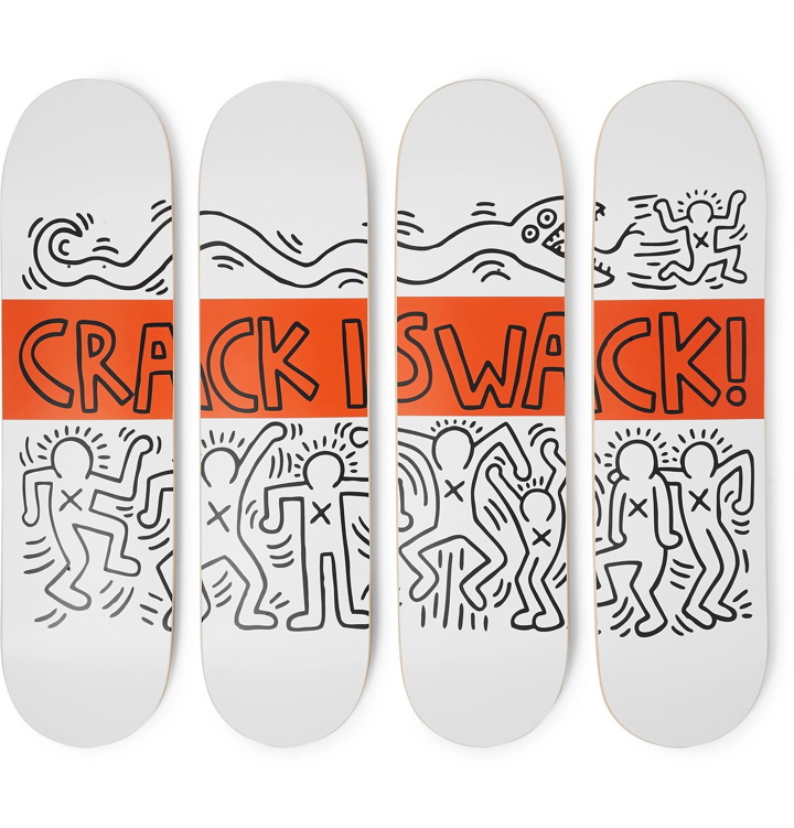 Photo: The SkateRoom - Keith Haring Set of Four Printed Wooden Skateboards - White