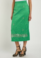 Erdem Embellished Crinkled Satin Midi Pencil Skirt Green