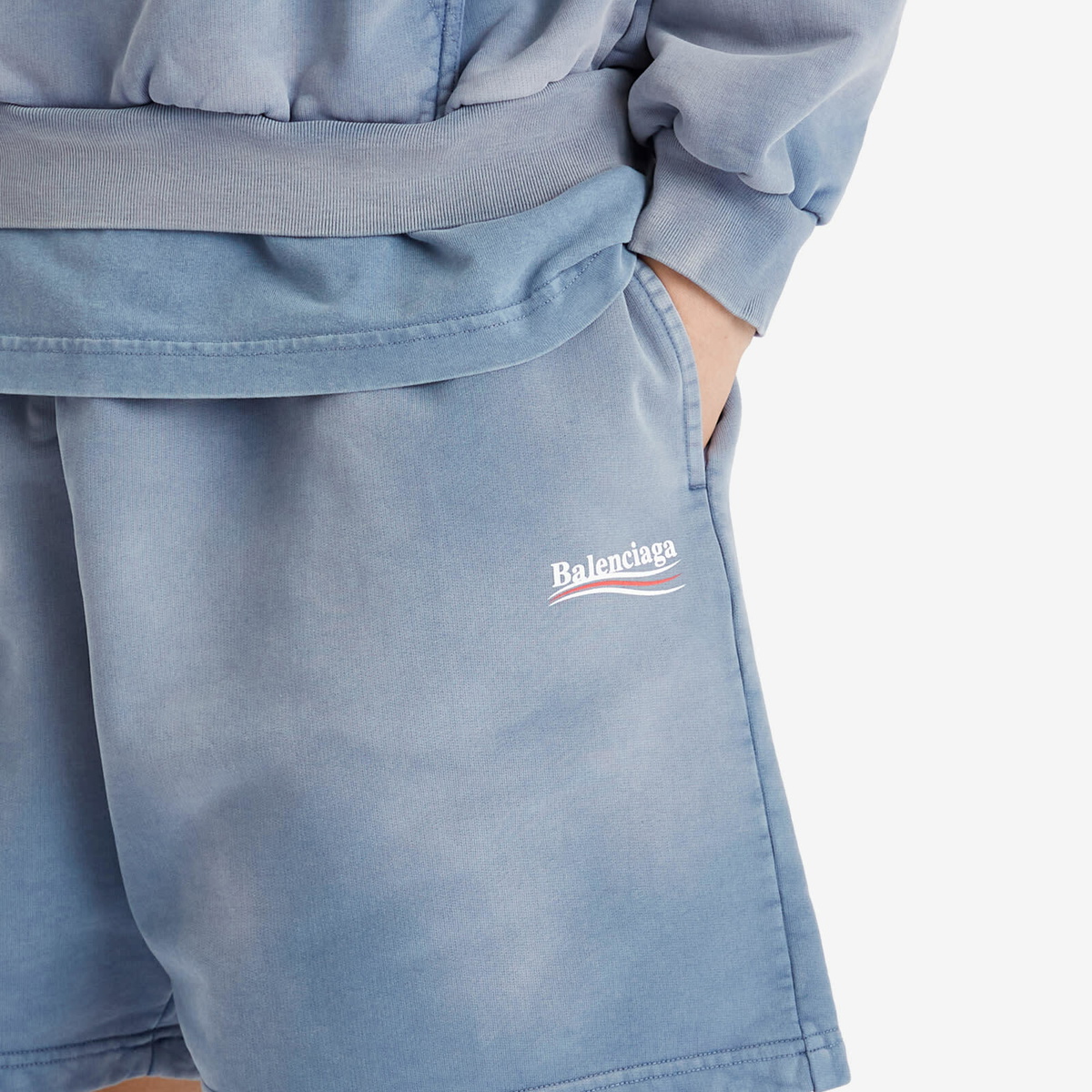 Balenciaga Men's Campaign Sweat Shorts in Faded Blue/White/Red
