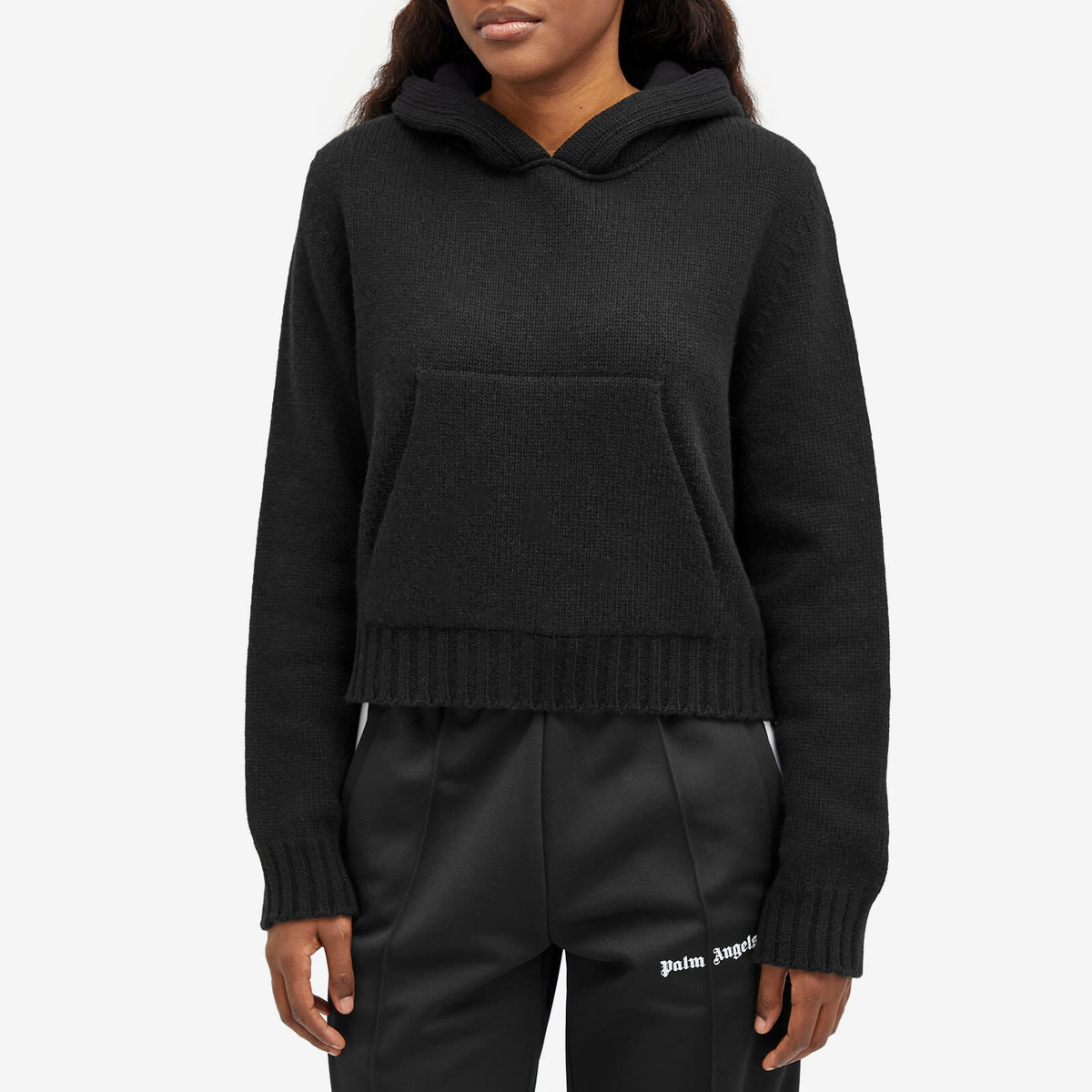 Palm Angels Women's Curved Logo Knit Hoodie in Black Palm Angels