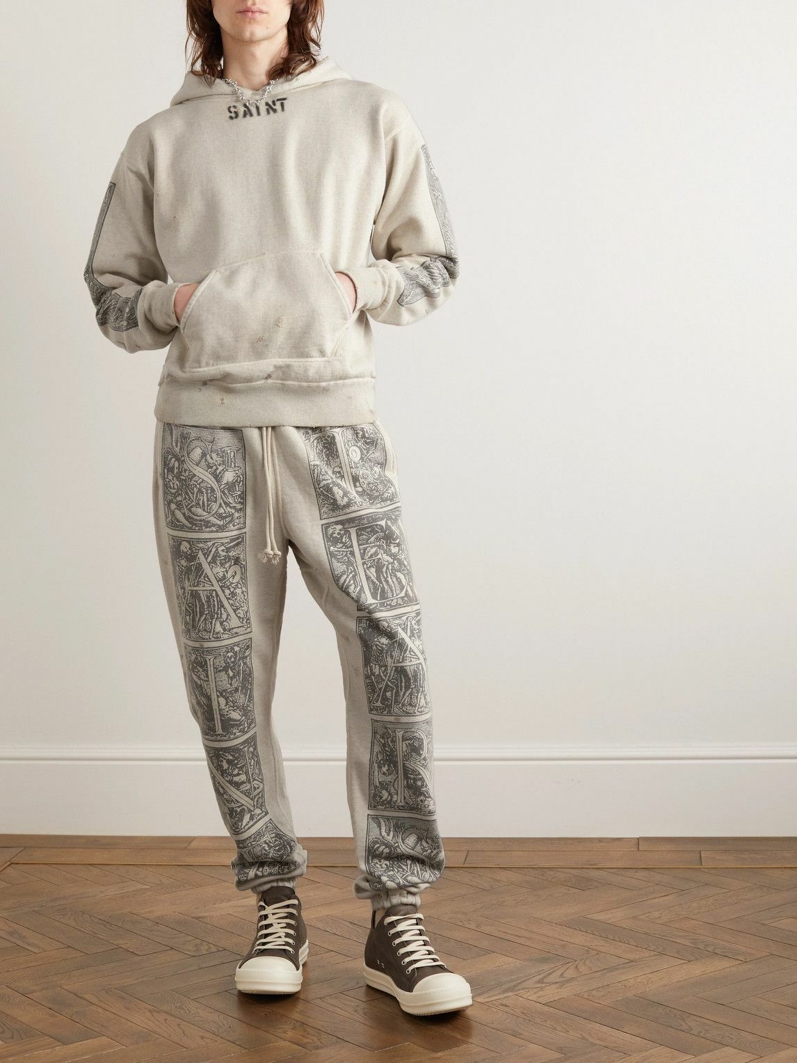 SAINT Mxxxxxx - Denim Tears Tapered Printed Distressed Cotton-Jersey Sweatpants - Gray