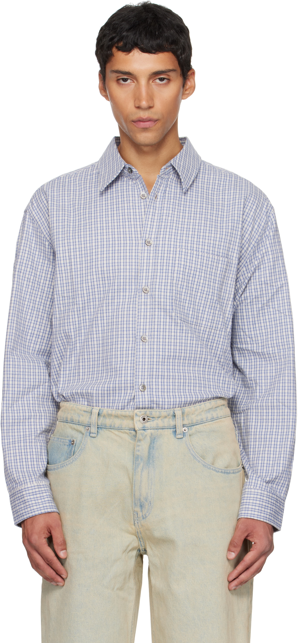 COOR Blue & White Block Checkered One Pocket Shirt