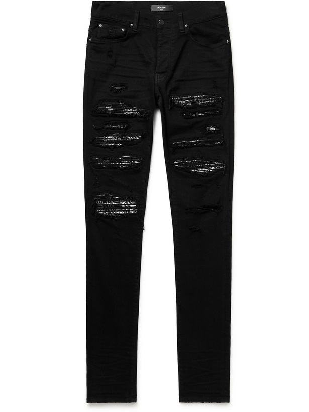 Photo: AMIRI - Thrasher Skinny-Fit Distressed Panelled Stretch-Denim Jeans - Black