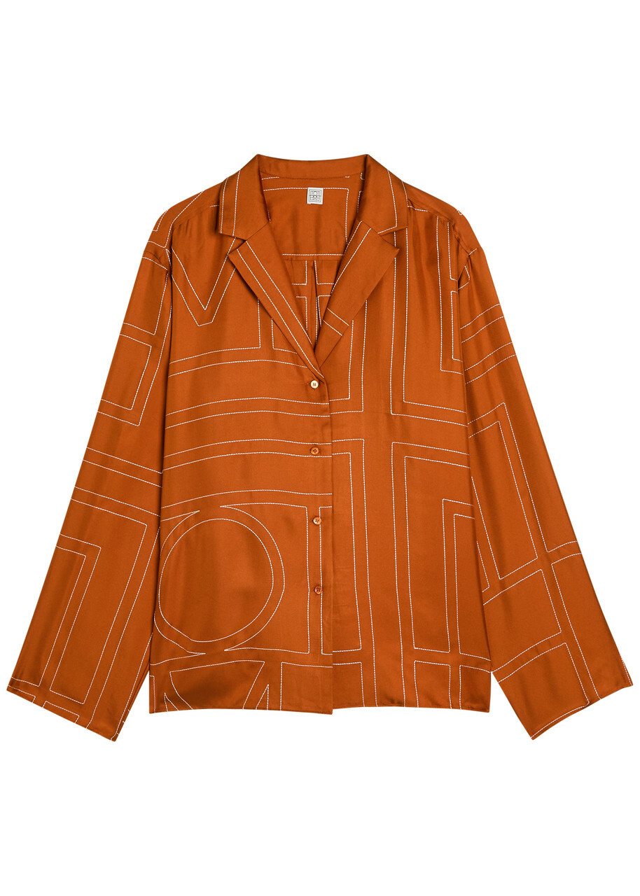 Toteme Logo-embroidered Silk-satin Shirt Terracotta