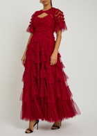 Needle & Thread Aviana Ruffled Embroidered Tulle Gown Red