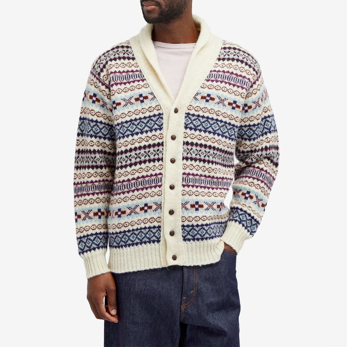 Jamieson's of Shetland Men's Fair Isle Shawl Collar Cardigan in Ecru