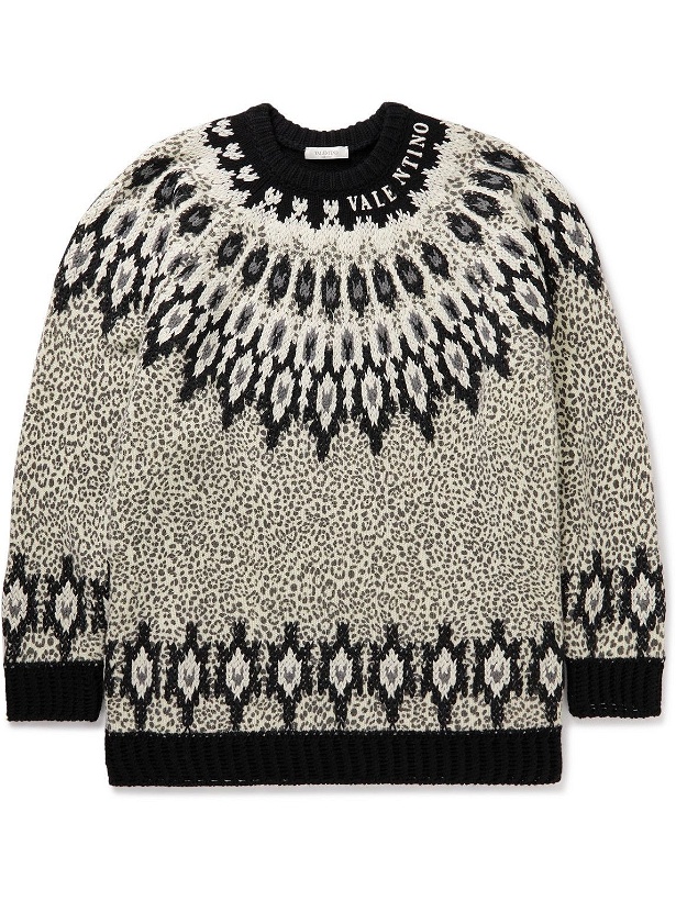 Photo: Valentino - Embroidered Leopard-Print Virgin Wool Sweater - Gray