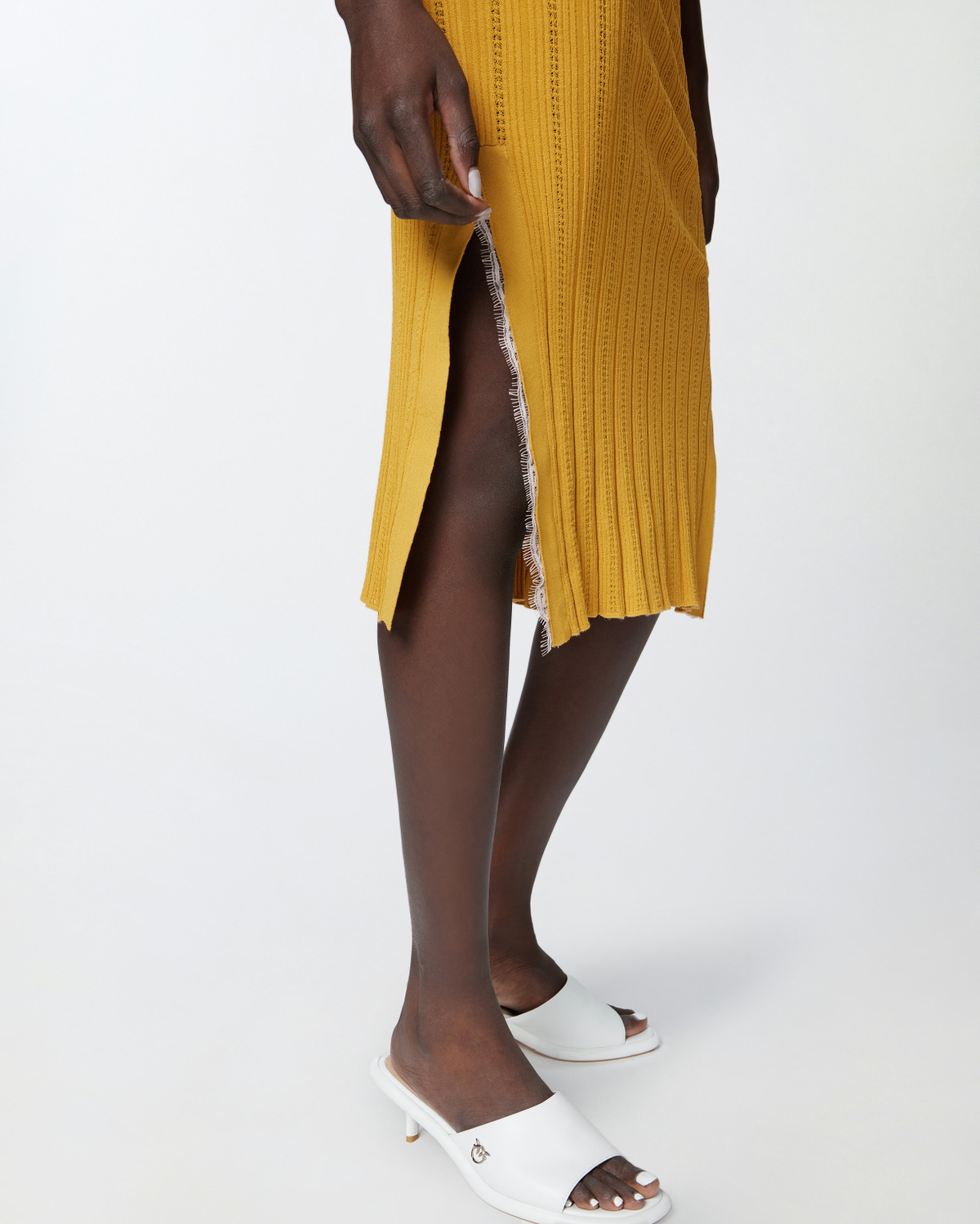Pinko Knit Midi Dress With Openwork Yellow/Nude