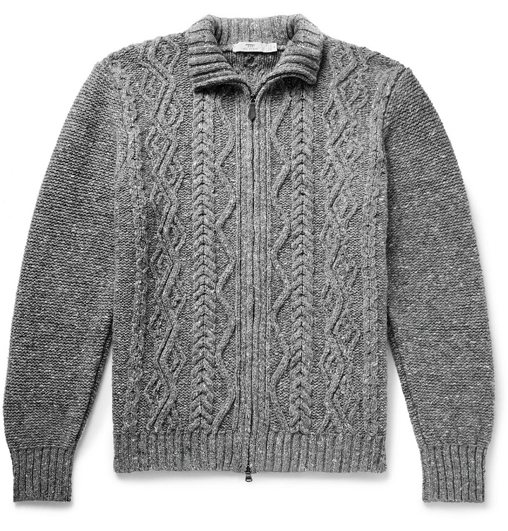 Photo: Inis Meáin - Cable-Knit Merino Wool and Cashmere-Blend Zip-Up Cardigan - Gray