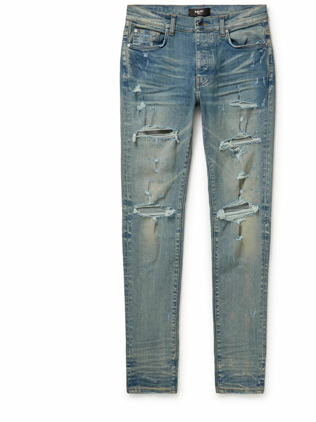 Photo: AMIRI - Thrasher Plus Skinny-Fit Distressed Stretch-Denim Jeans - Blue