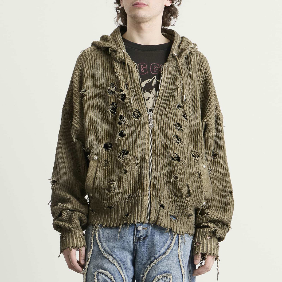 Thug Club Men's Distressed Knitted Hoodie in Beige