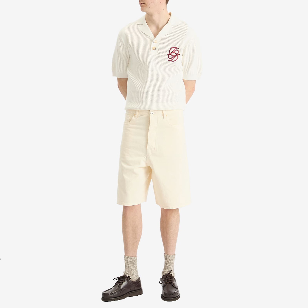 Drôle de Monsieur Men's Monogram Knit Polo in Cream