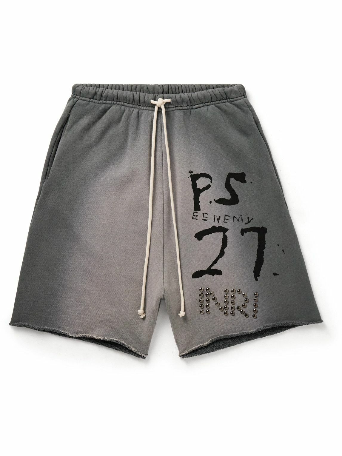 RRR123 - INRI Enemy Straight-Leg Embellished Cotton-Jersey Drawstring Shorts - Gray