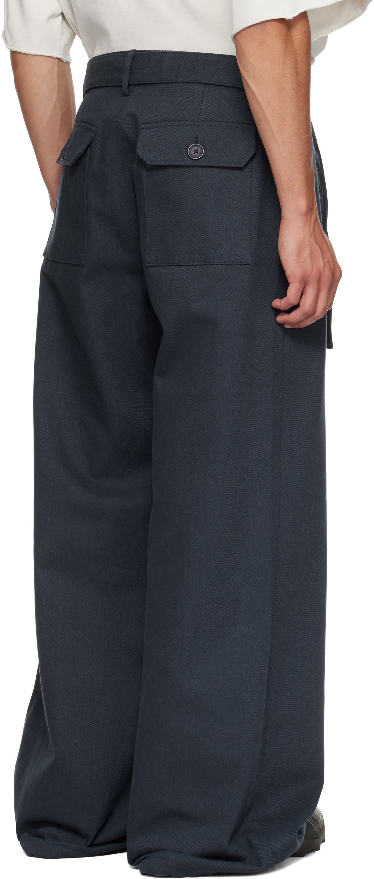 Reese Cooper Navy Cotton Twill Patch Pocket Belted Trousers