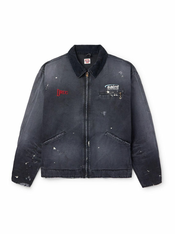 Photo: SAINT MXXXXXX - Corduroy-Trimmed Logo-Embroidered Distressed Cotton-Canvas Jacket - Black