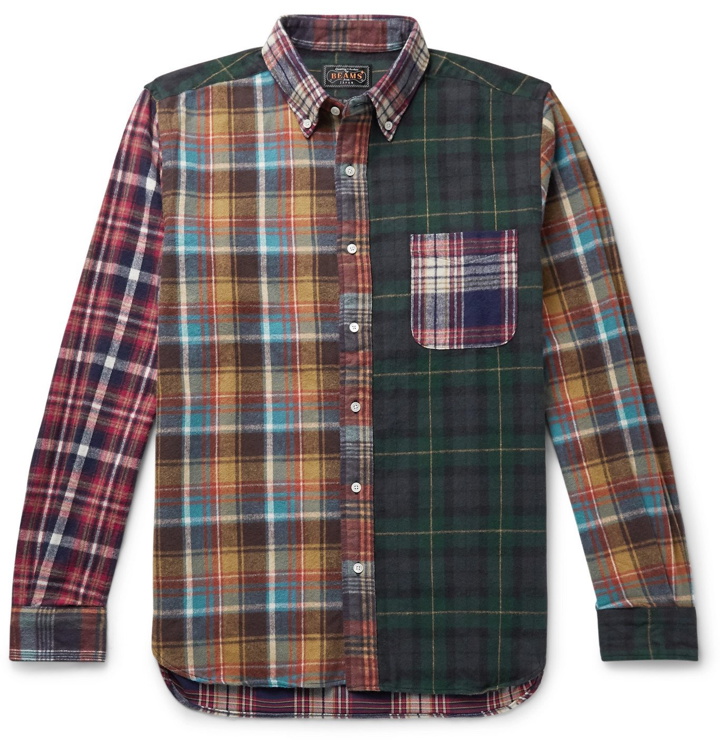 Photo: Beams Plus - Button-Down Collar Checked Patchwork Cotton-Flannel Shirt - Yellow