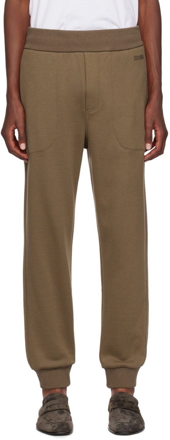 ZEGNA Brown Embroidered-Logo Sweatpants