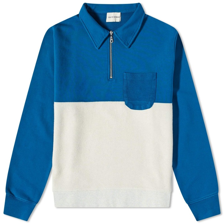 Photo: Country Of Origin Men's Reverse Quarter-zip Sweatshirt in Sea Blue/Light Grey