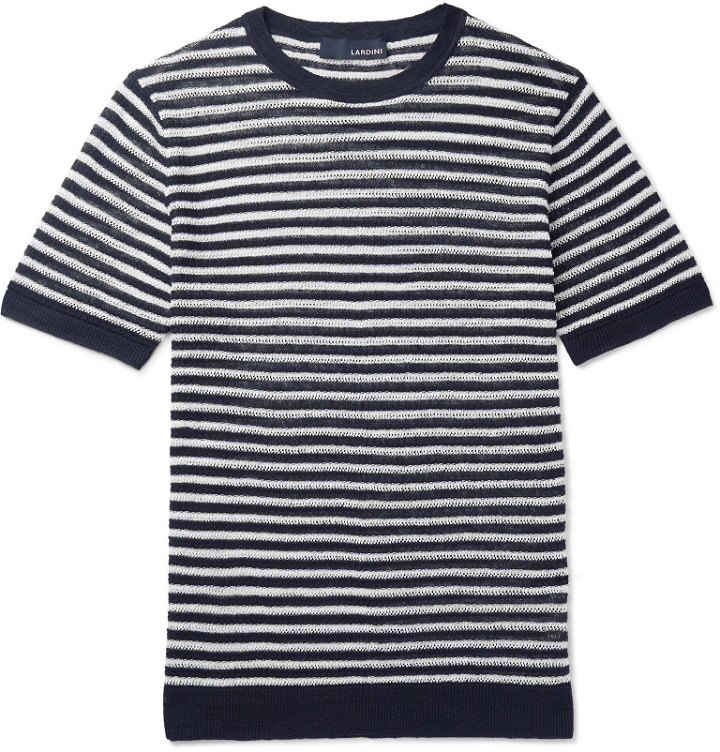 Photo: Lardini - Slim-Fit Striped Linen T-Shirt - Blue
