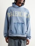 Balenciaga - Oversized Distressed Logo-Print Cotton-Jersey Hoodie - Blue