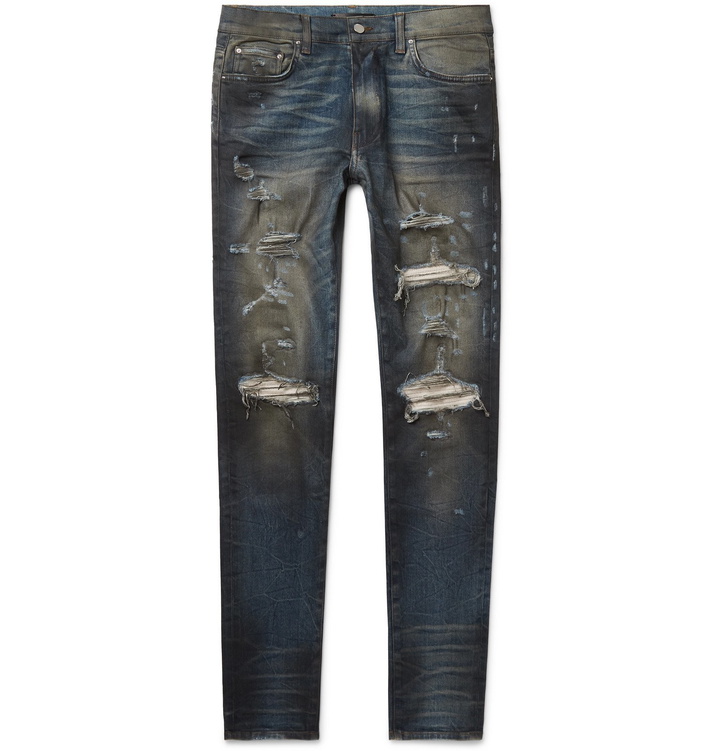 Photo: AMIRI - Skinny-Fit Panelled Distressed Stretch-Denim Jeans - Blue