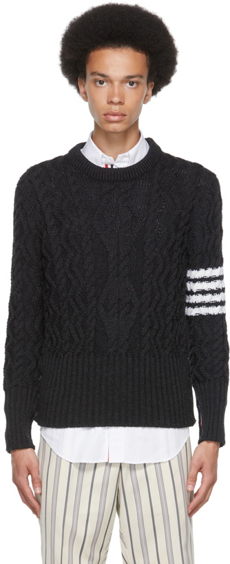 Photo: Thom Browne Grey Aran Cable 4-Bar Crewneck Sweater