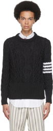 Thom Browne Grey Aran Cable 4-Bar Crewneck Sweater