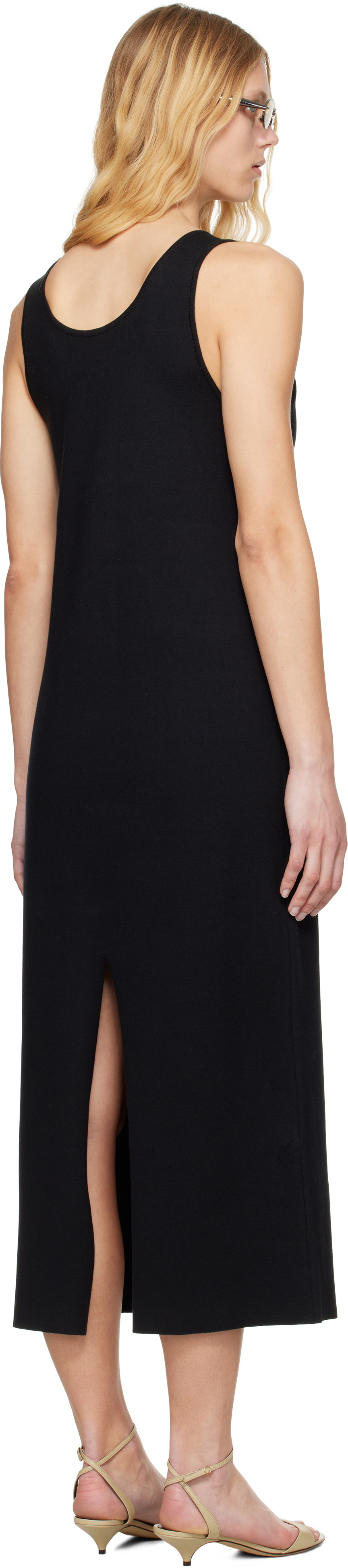AURALEE Black Cotton Silk Stretch Knit Midi Dress