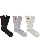 AMI PARIS - Three-Pack Logo-Embroidered Ribbed Organic Cotton-Blend Socks