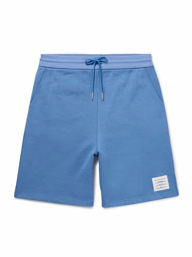 Photo: Thom Browne - Straight-Leg Logo-Appliquéd Cotton-Jersey Drawstring Shorts - Blue