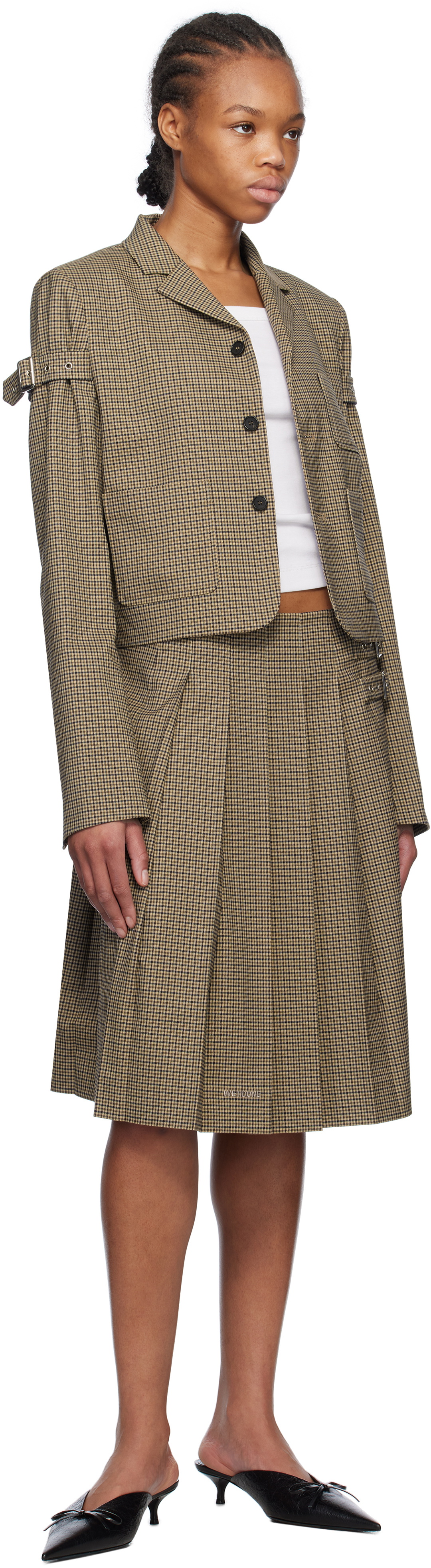 We11done Beige Checkered Pleated Midi Skirt
