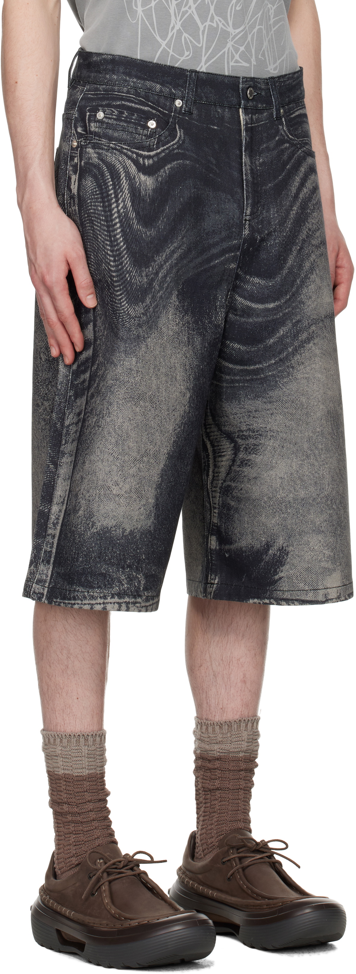 CAMPERLAB Black & Gray Distorted Print Denim Shorts