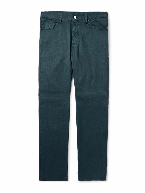 Photo: Zegna - Roccia Slim-Fit Straight-Leg Garment-Dyed Linen-Blend Trousers - Blue