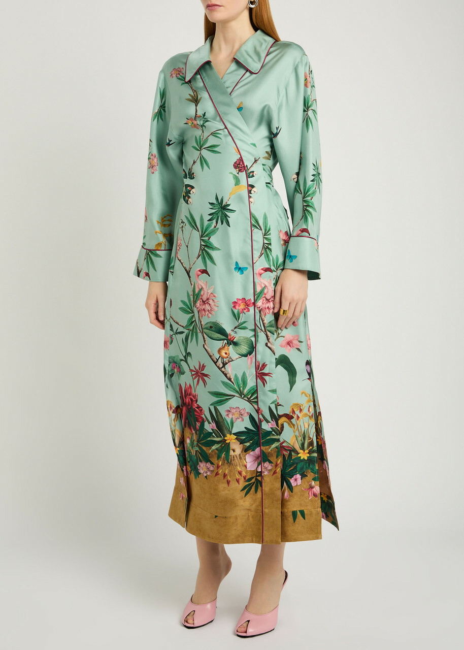 LA Double J Midnight Printed Silk Midi Wrap Shirt Dress Blue