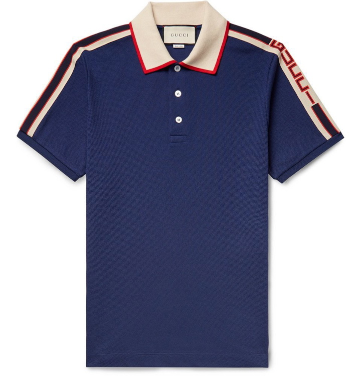 Photo: Gucci - Webbing-Trimmed Stretch-Cotton Piqué Polo Shirt - Men - Navy