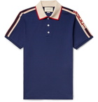 Gucci - Webbing-Trimmed Stretch-Cotton Piqué Polo Shirt - Men - Navy