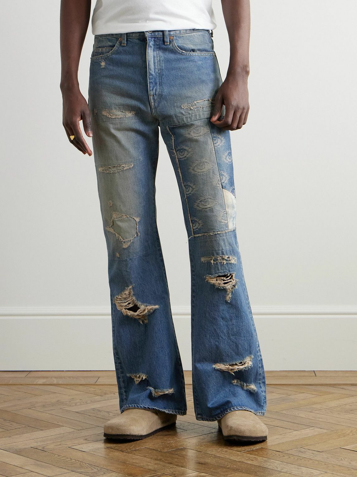 KAPITAL - Flared Distressed Patchwork Jeans - Blue KAPITAL