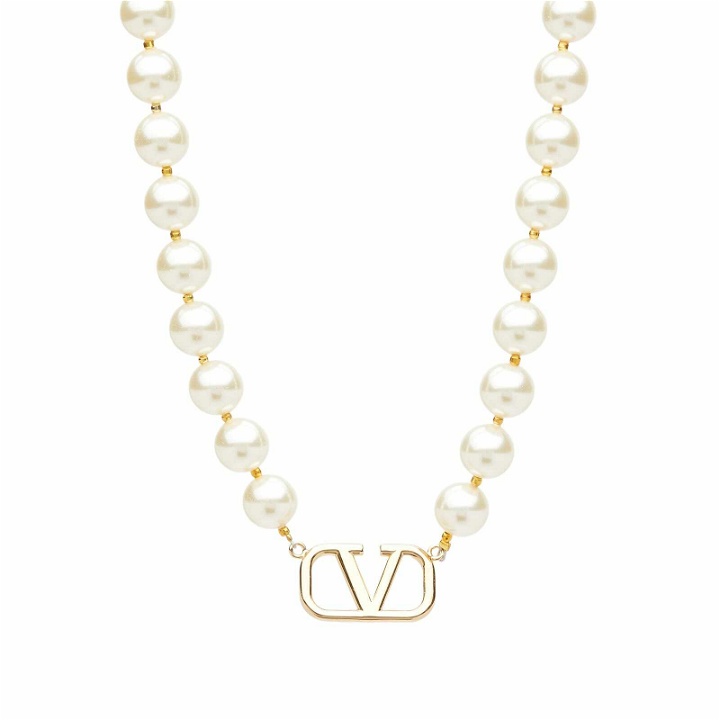 Photo: Valentino Men's V Logo Pearl Necklace in Oro 18/Cream