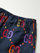 GUCCI - Straight-Leg Logo-Print Silk-Twill Shorts - Blue