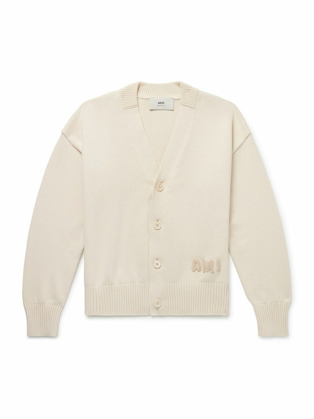 Photo: AMI PARIS - Logo-Embroidered Organic Cotton and Wool-Blend Cardigan - Neutrals
